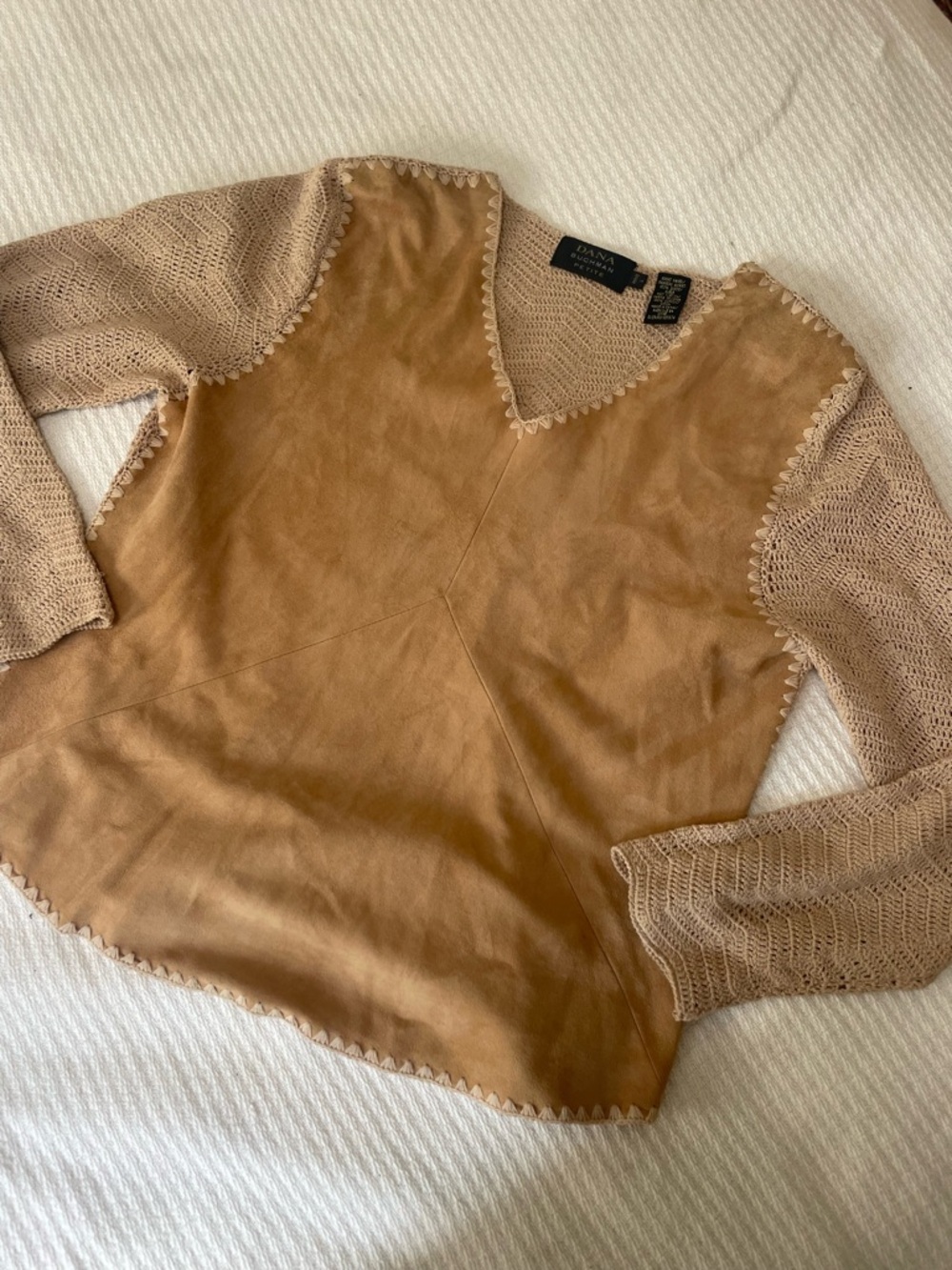 Western cowboy suede cotton shirt Dana Buchman vintage L knit scalloped cowgirl